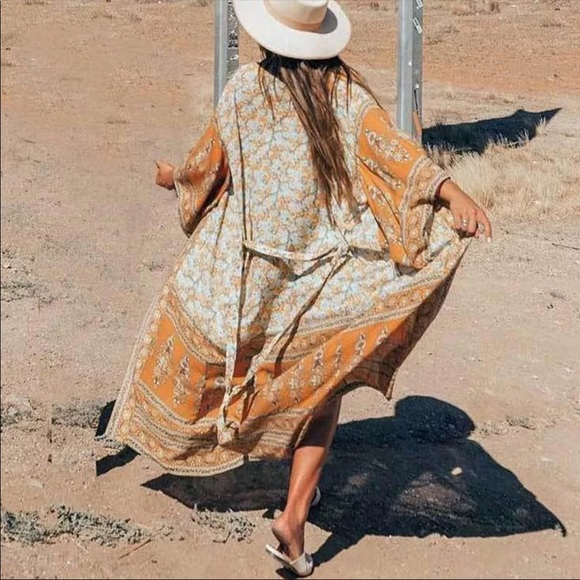 Boho Kimono Floral Gypsy Print Maxi CoverUp orange - Picture 4 of 9
